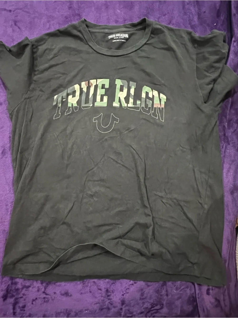 True Religion Black Tee with Camo-Arched Logo
